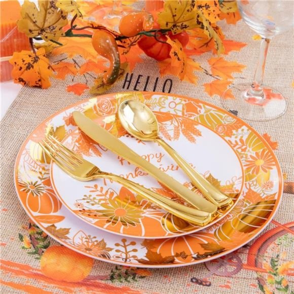 150Pcs Thanksgiving Plastic Plates, Dinnerware Sets with Maple Leaf Design - Picture 3 of 6